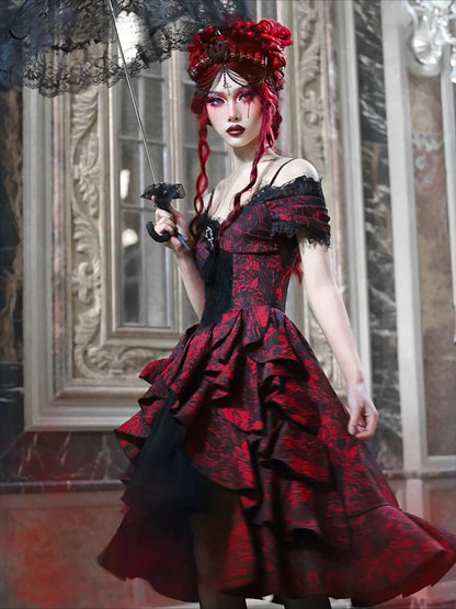 Japanese Gothic Style Red Black Halloween Off-Shoulder Court Wave Autumn Dark High-Waist Lolita Party Dress