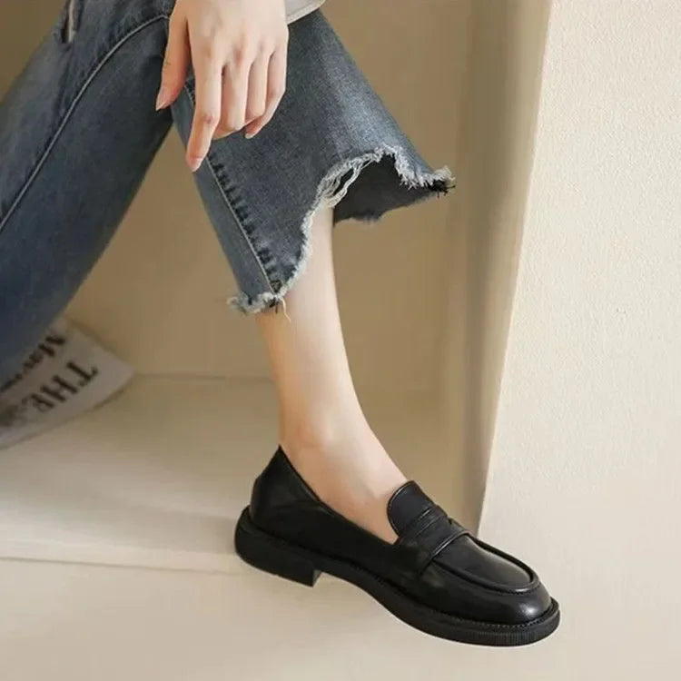 Luxury Black Leather Platform British Style Low Heels Casual Spring Loafers