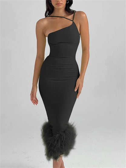 Elegant Feather Hem Sleeveless Party Club Asymmetrical Strap Midi Dress