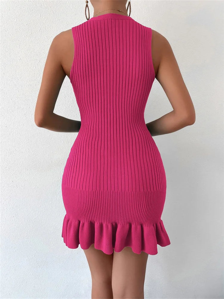 Ribbed Ruffles Hem Sleeveless Tank Mini Dresses