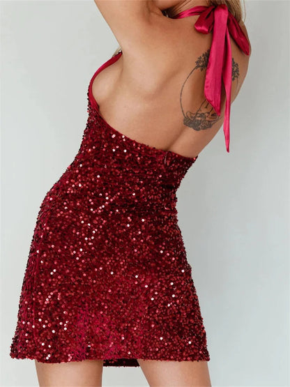 Glitter Halter Party Sexy Sequined Tie-Up Mini Dresses