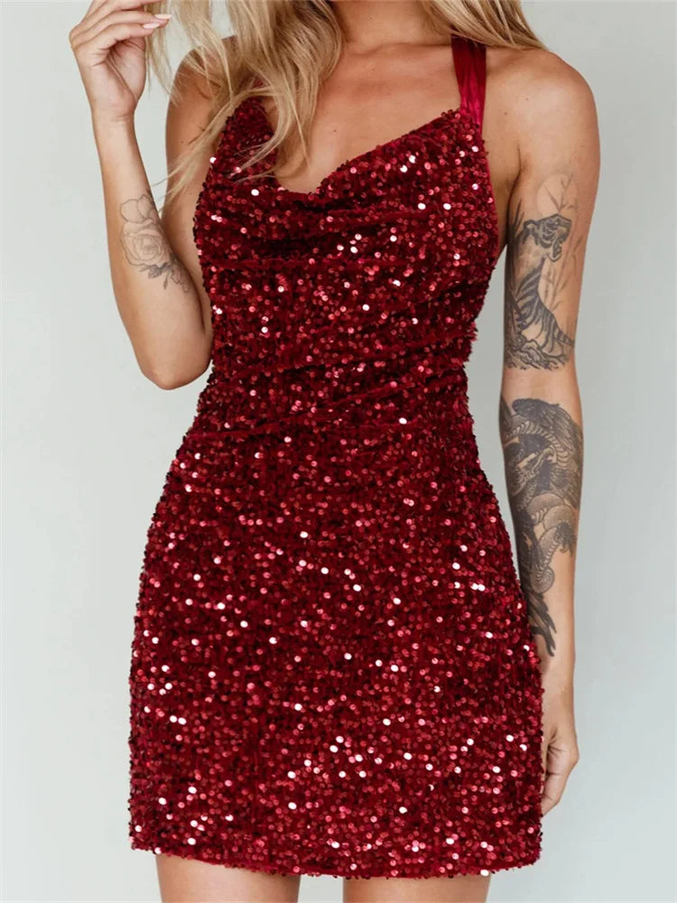 Glitter Halter Party Sexy Sequined Tie-Up Mini Dresses