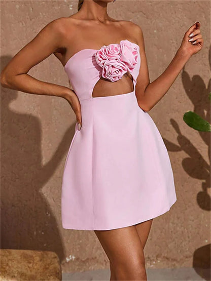 Cutout Backless Aesthetic 3D Flowers Patchwork Strapless Mini Dresses