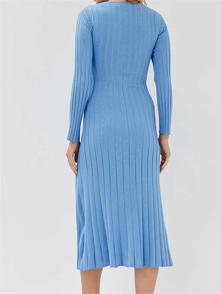 Spring Autumn Knitted Ribbed Long Sleeve Hollow Out Slim Midi Dress