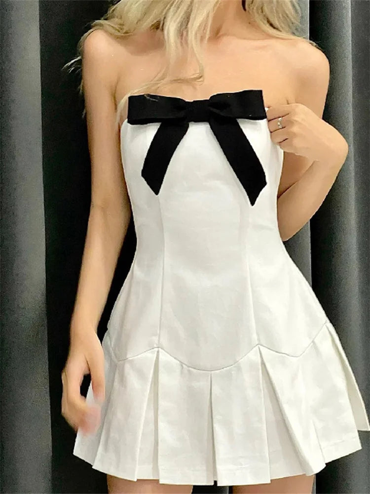 Bowknot Patchwork Strapless Off Shoulder Tube Mini Dresses